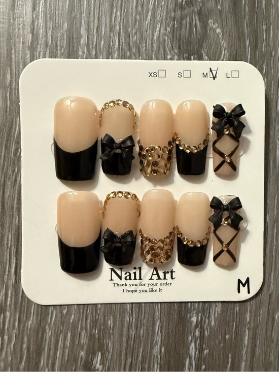 Handmade Other - Nude & Black Press-On Nails with Gold Accents and Black Bows